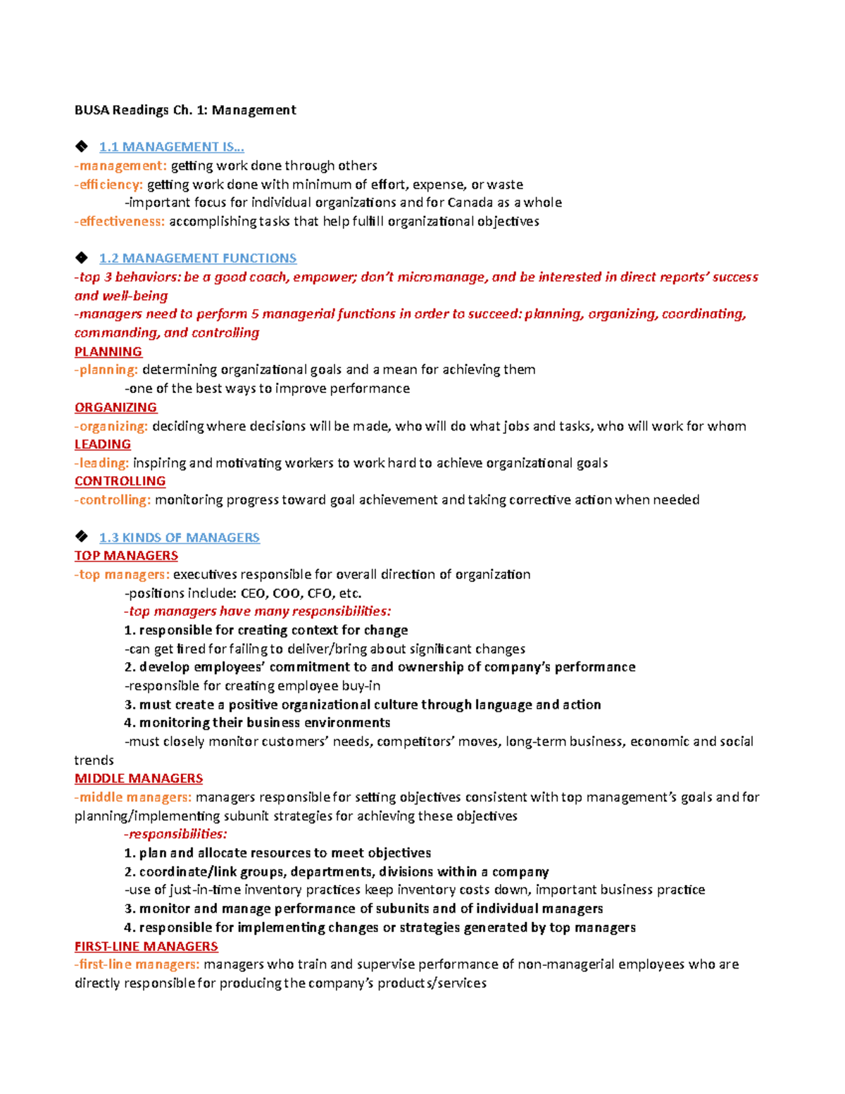 BUSA Readings Ch. 1 - Lecture notes 1 - BUSA Readings Ch. 1: Management ...