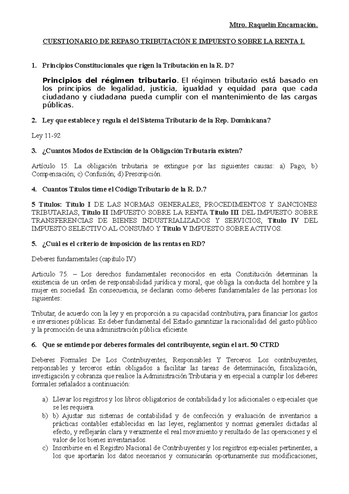 Cuestionario Tributacion (Examen) - CUESTIONARIO DE REPASO TRIBUTACIÓN ...