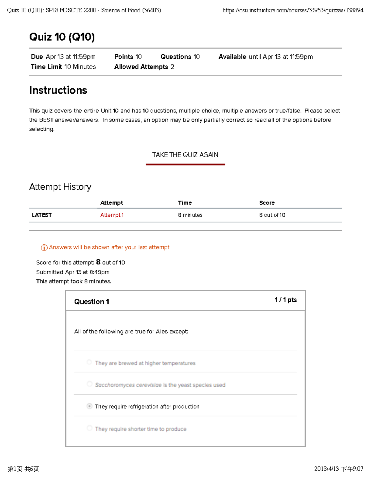 Quiz 10 - quiz10 - Quiz 10 (Q10) Due Apr 13 at 11:59pm Points 10 ...
