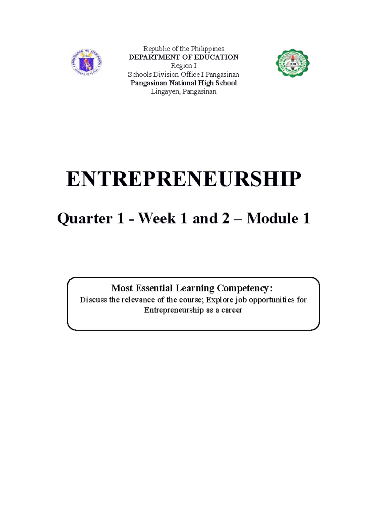 Module Parts and AS Entrepreneurship Week1 - Republic of the ...