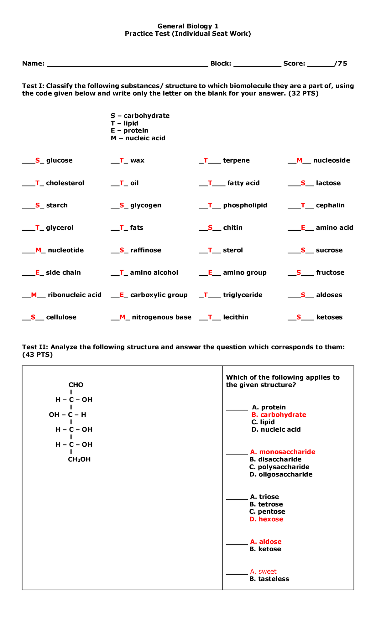 Biomolecules Practice Test - General Biology 1 Practice Test ...