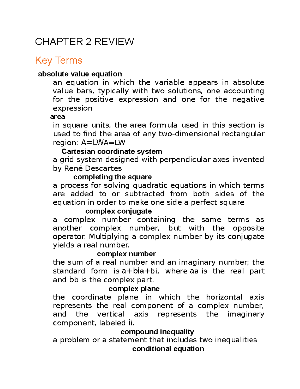 Chapter 2 Equations and Inequalities - CHAPTER 2 REVIEW Key Terms ...