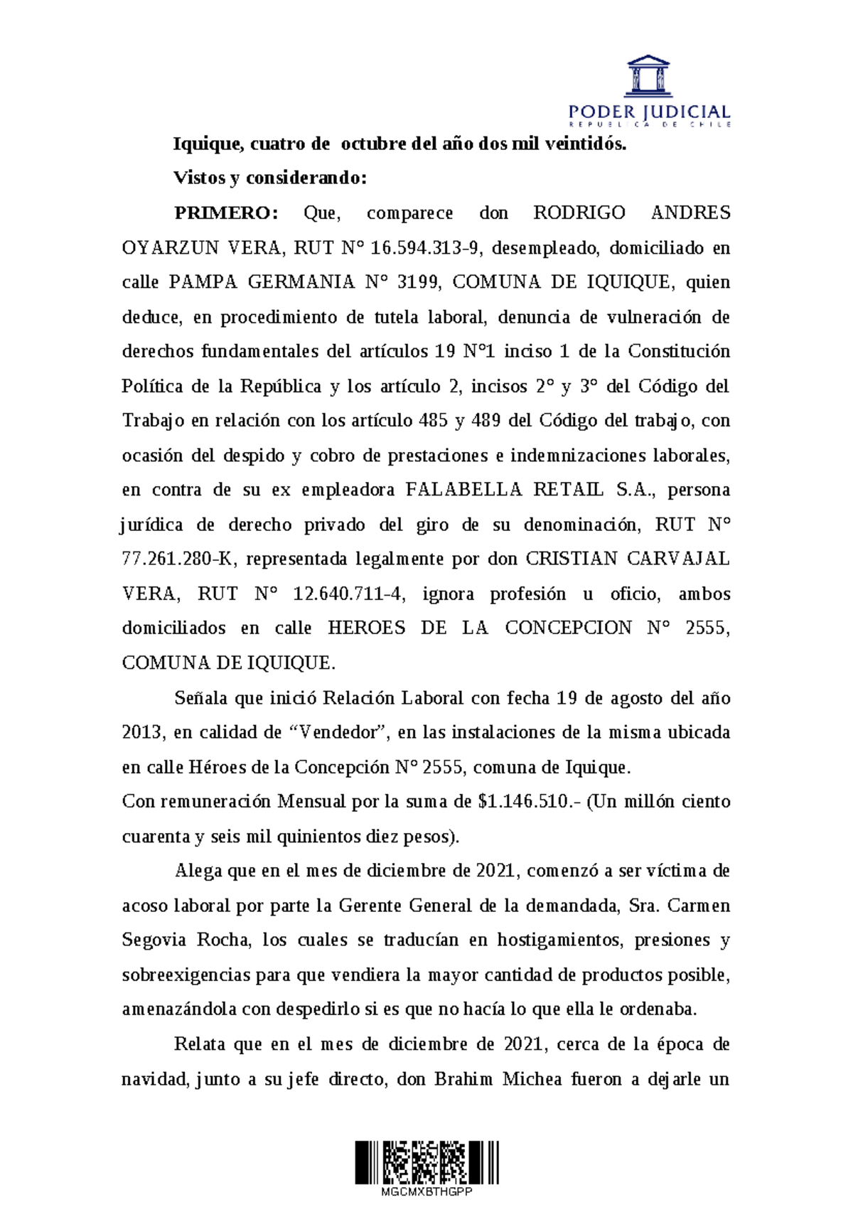 Sentencia laboral chora - Iquique, cuatro de octubre del año dos mil