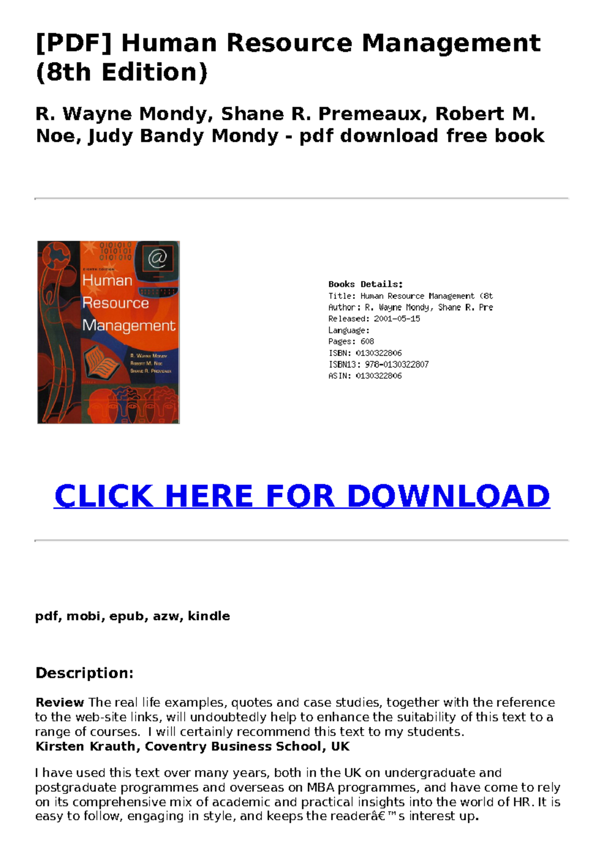 Pdf Human Resource Management 8th Edition R Wayne Mondy Shane R Premeaux Robert M Noe Judy Bandy Mond Pdf Download Free Book 7ca8f16 Studocu