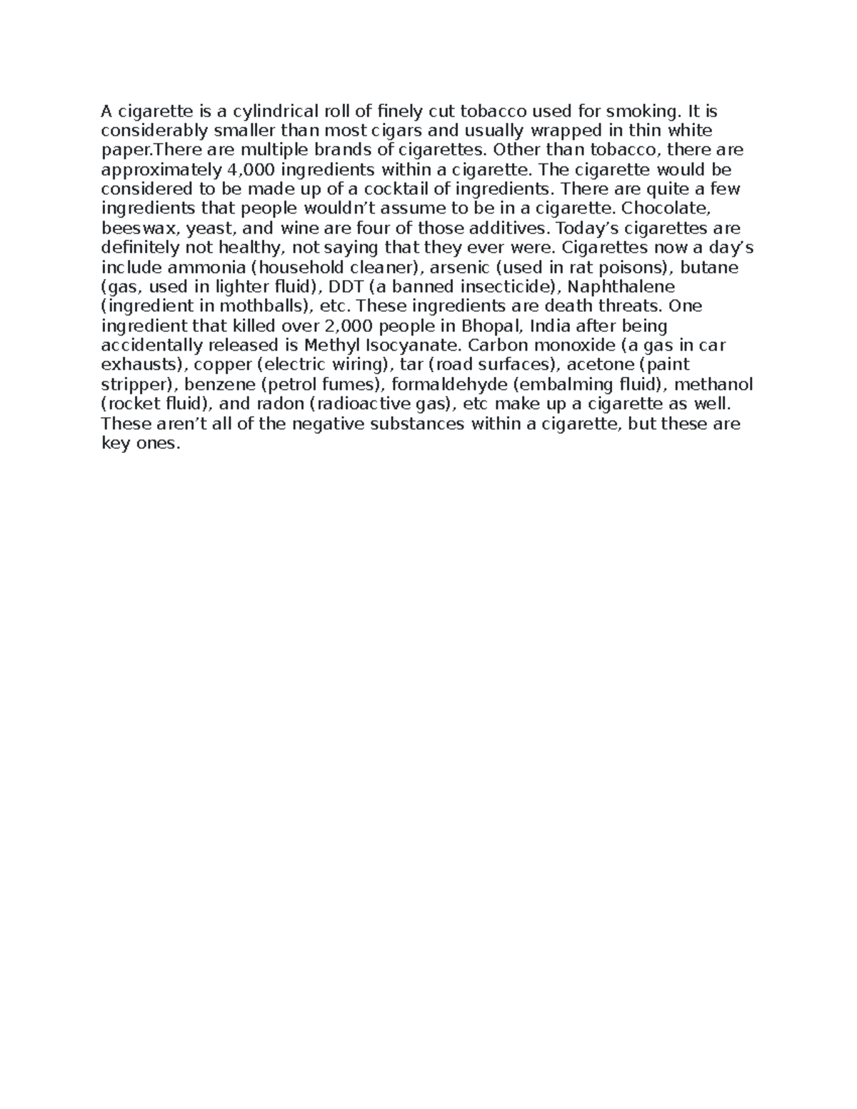 815 - essays bio - A cigarette is a cylindrical roll of finely cut ...