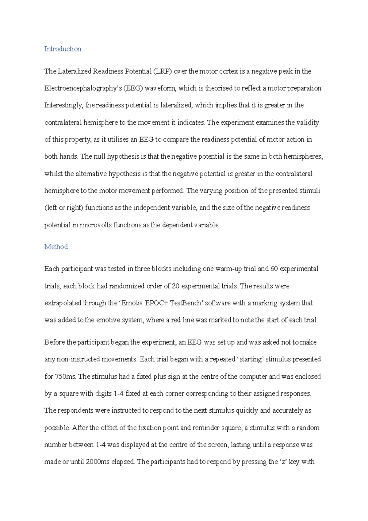Lab Report 2........... - Introduction The Lateralized Readiness ...