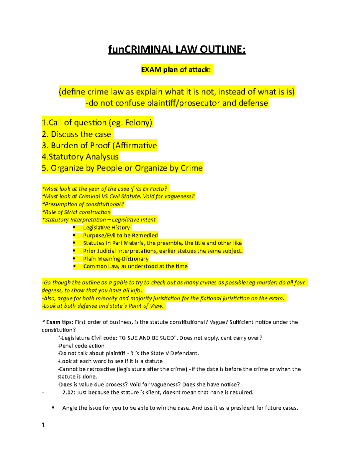 Criminal Law Outline - FunCRIMINAL LAW OUTLINE: EXAM Plan Of Attack ...