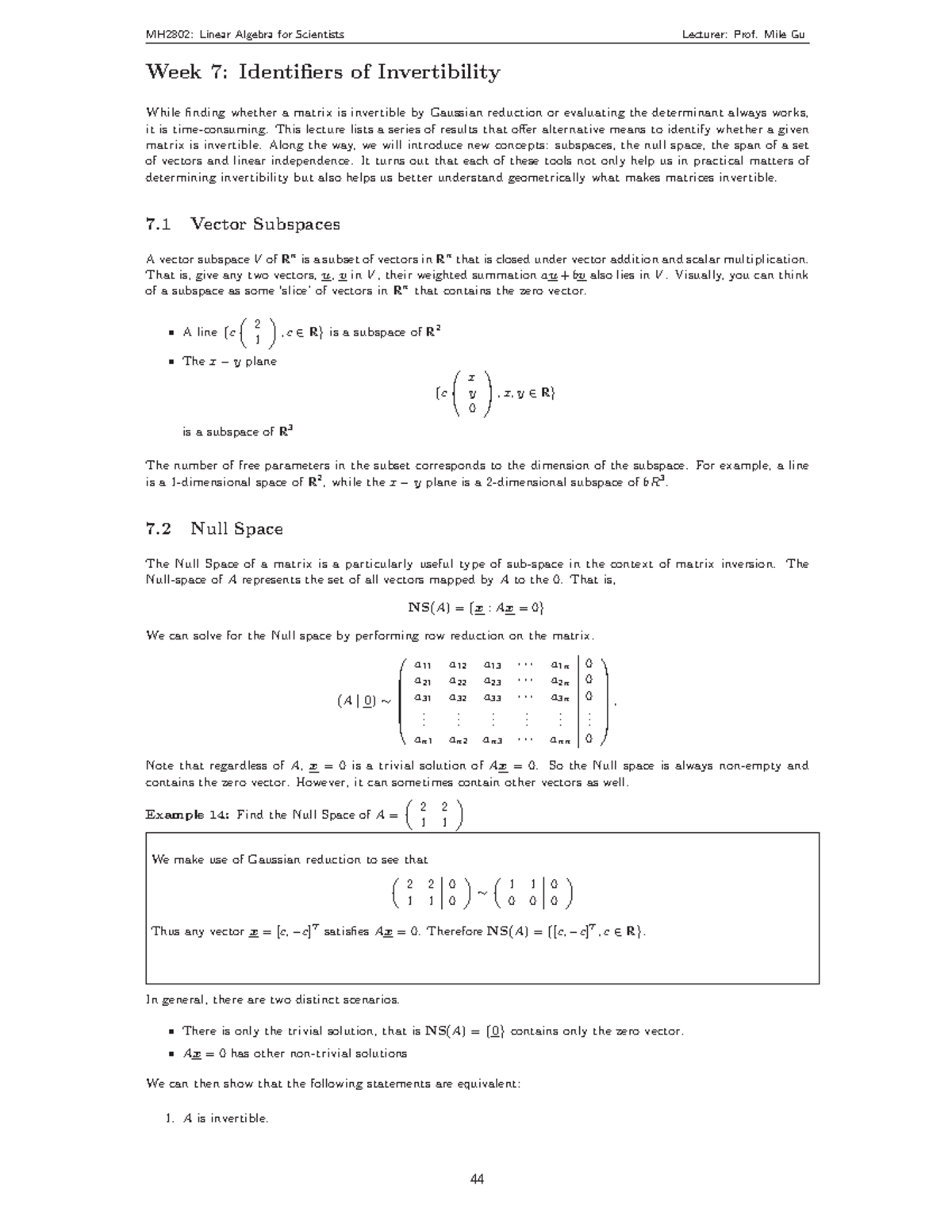 Week7 notes - Week 7: Identifiers of Invertibility While finding ...