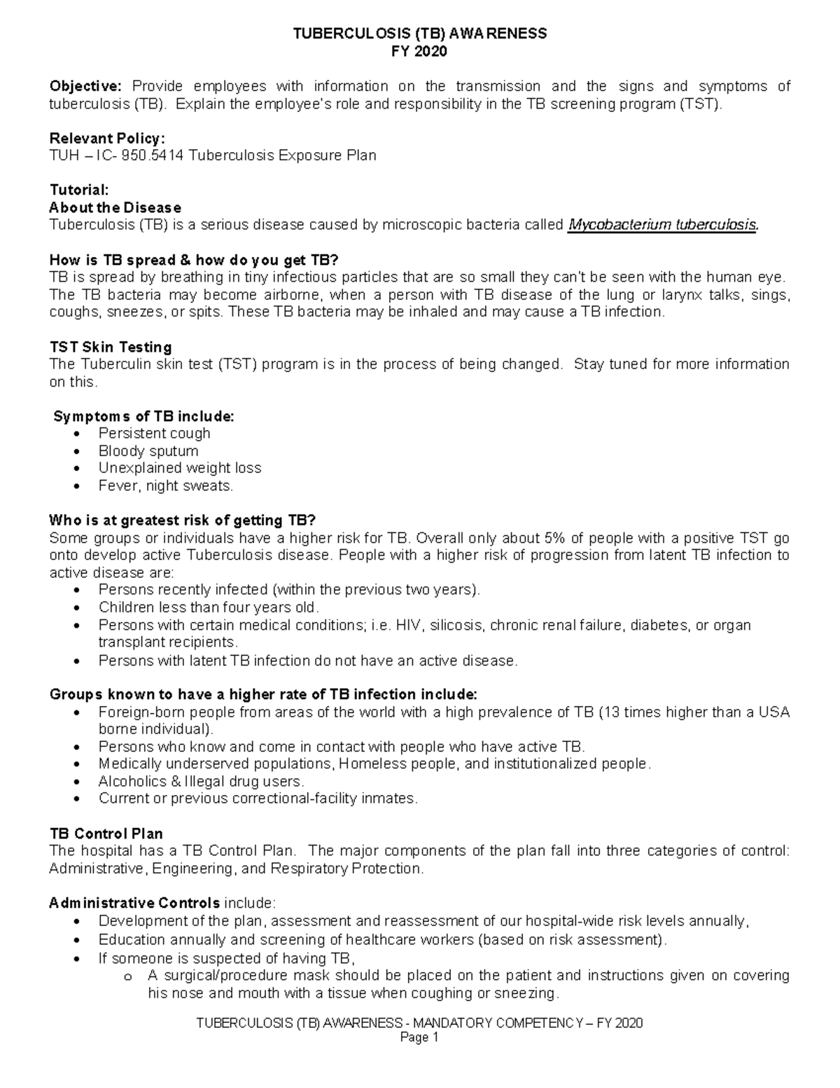 TB Awareness PDF - TB notes - TUBERCULOSIS (TB) AWARENESS FY 2020 ...