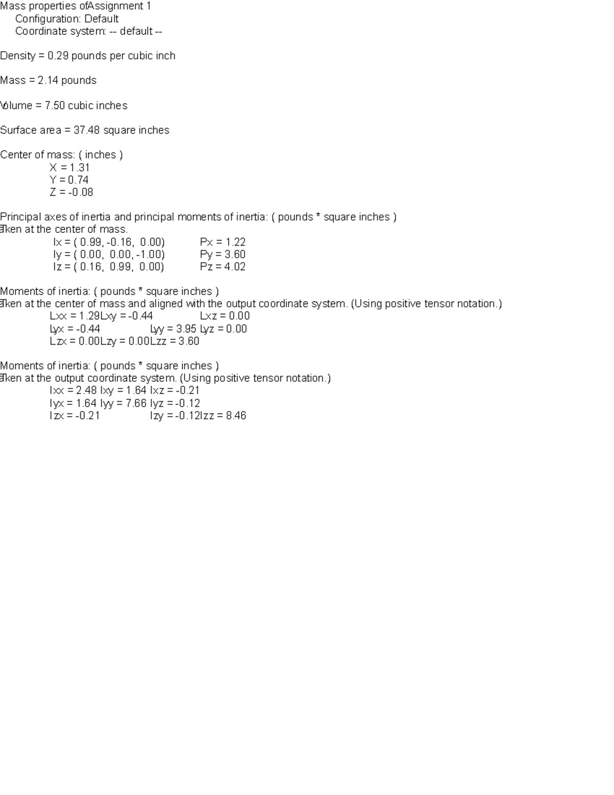 Assignment 1 Mass Properties - Mass properties ofAssignment 1 ...