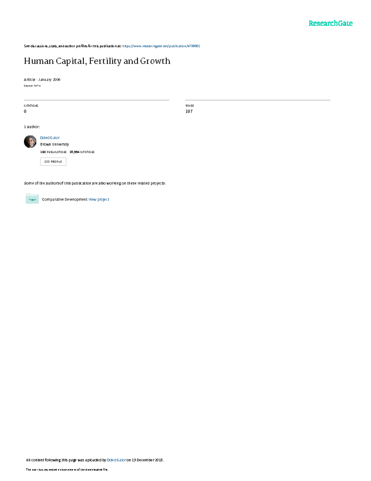 Human Capital Fertility and Growth - See discussions, stats, and author ...