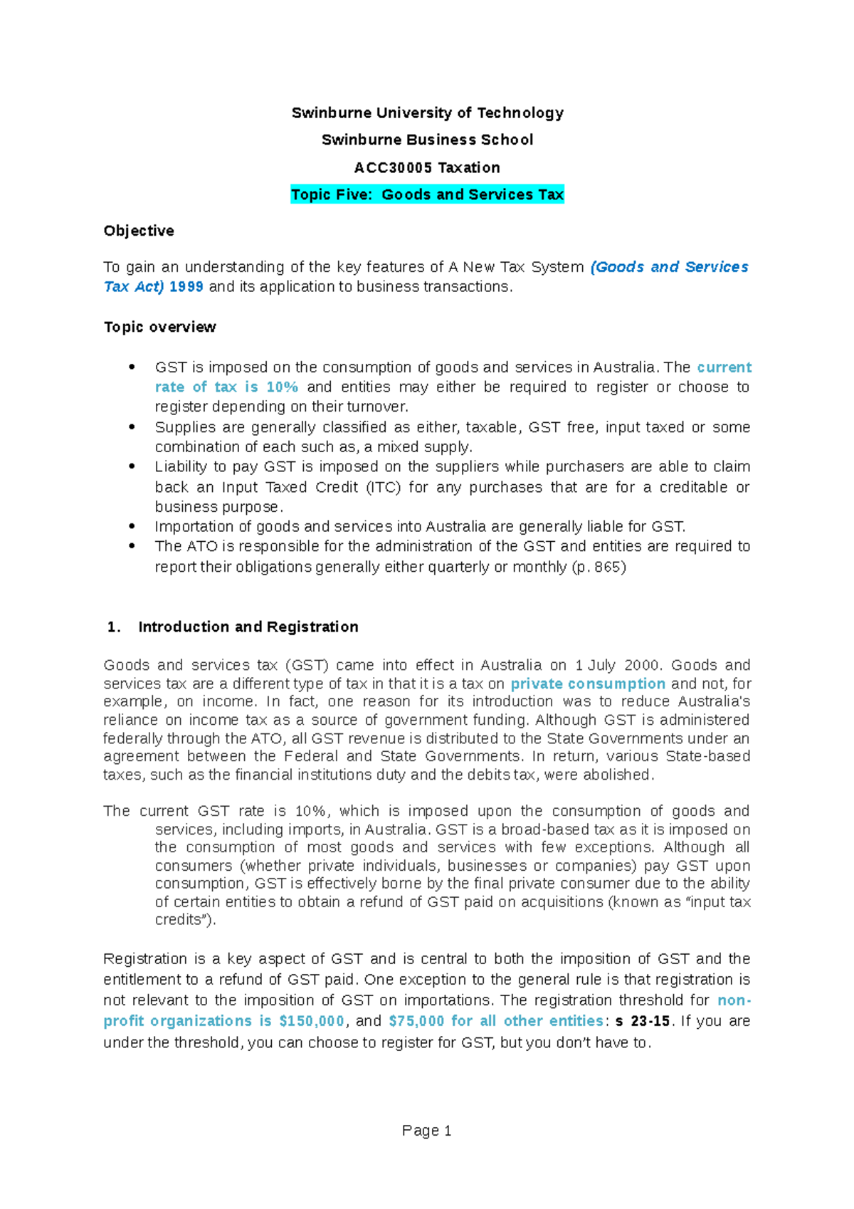 Topic 5 GST - Swinburne University of Technology Swinburne Business ...