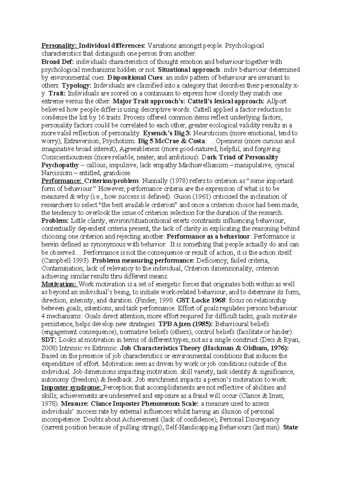 PSY371 notes - Personality: Individual differences: Variations amongst ...