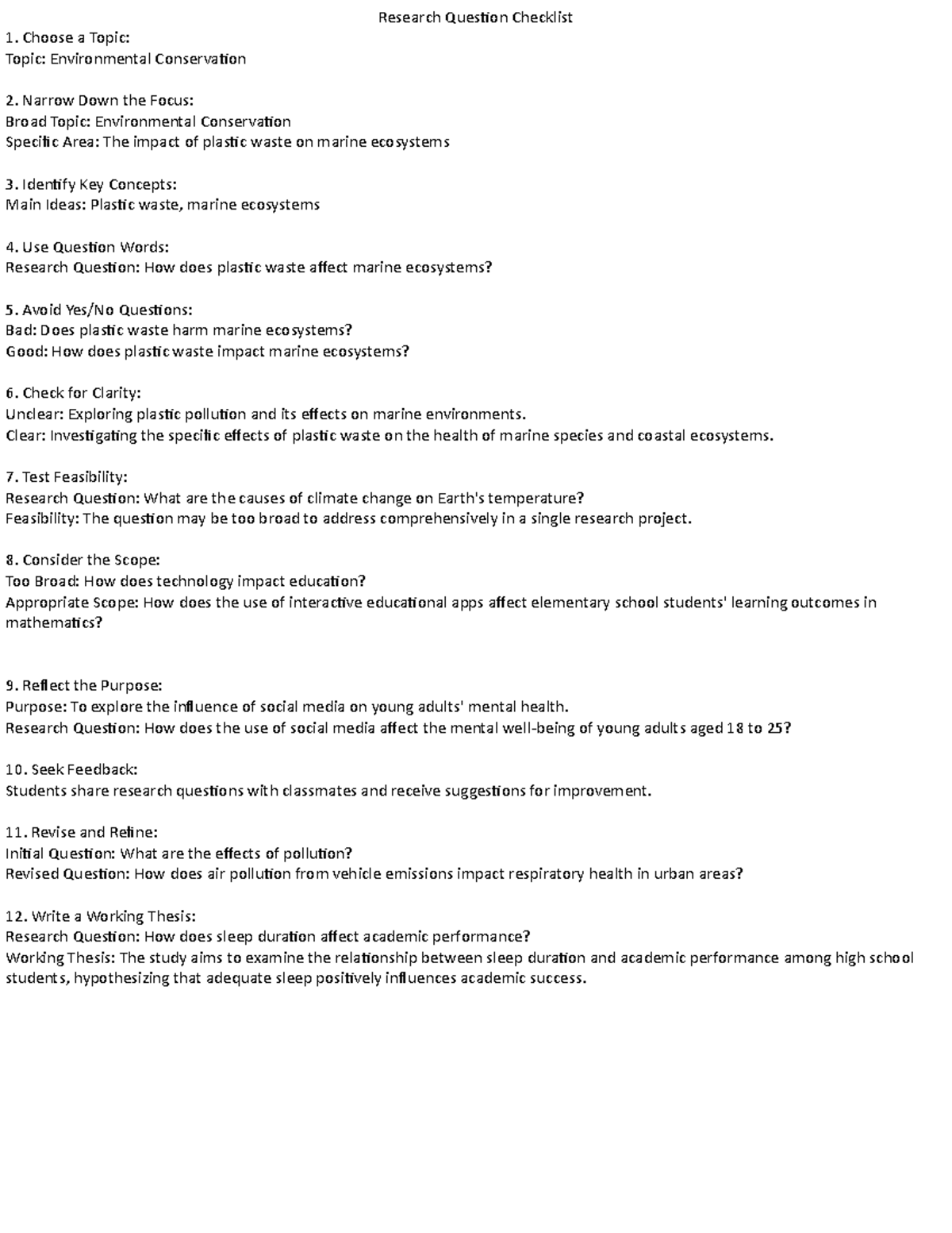 Research Question Checklist - Research Question Checklist Choose a ...