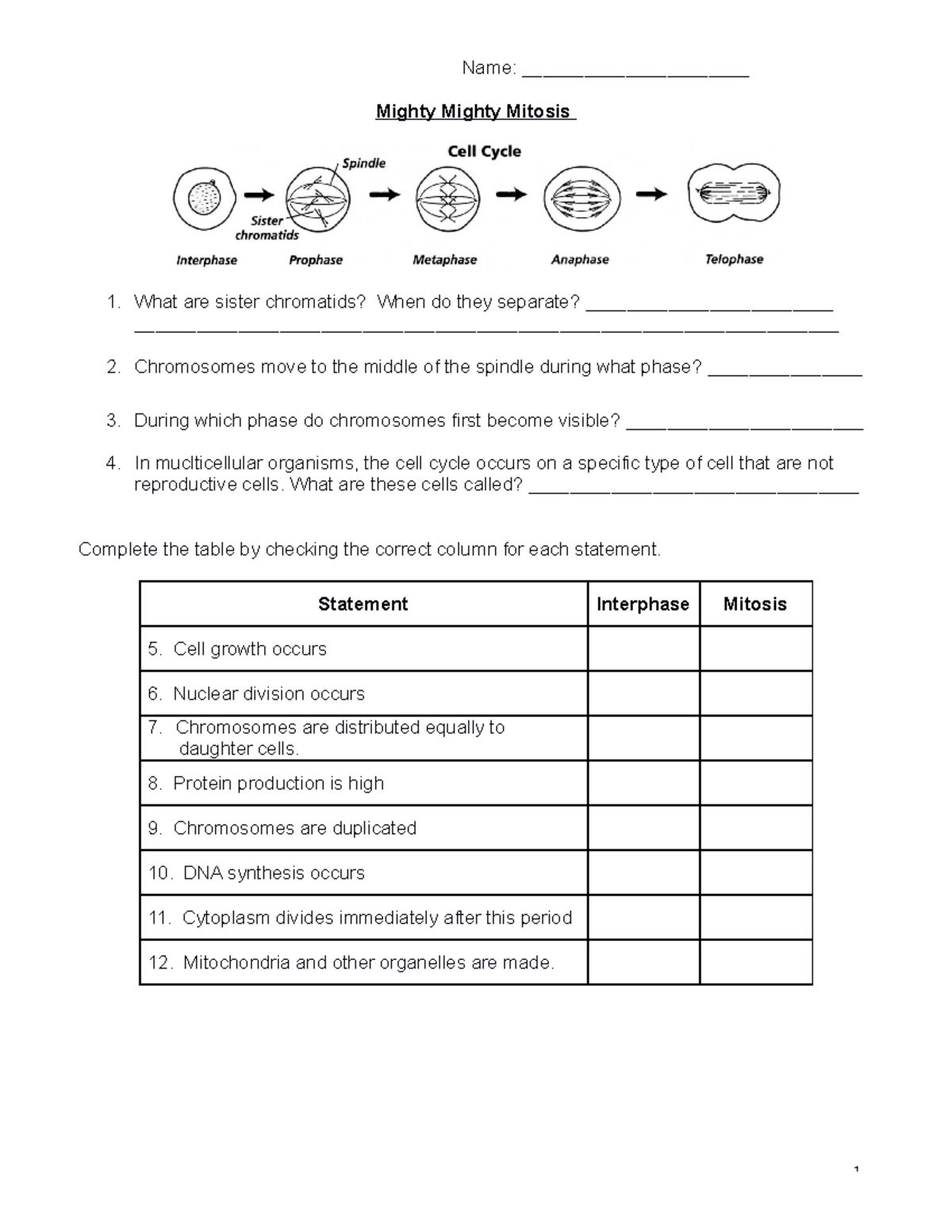 Mitosisworksheet - Worksheet - Name: ______________________ Mighty ...