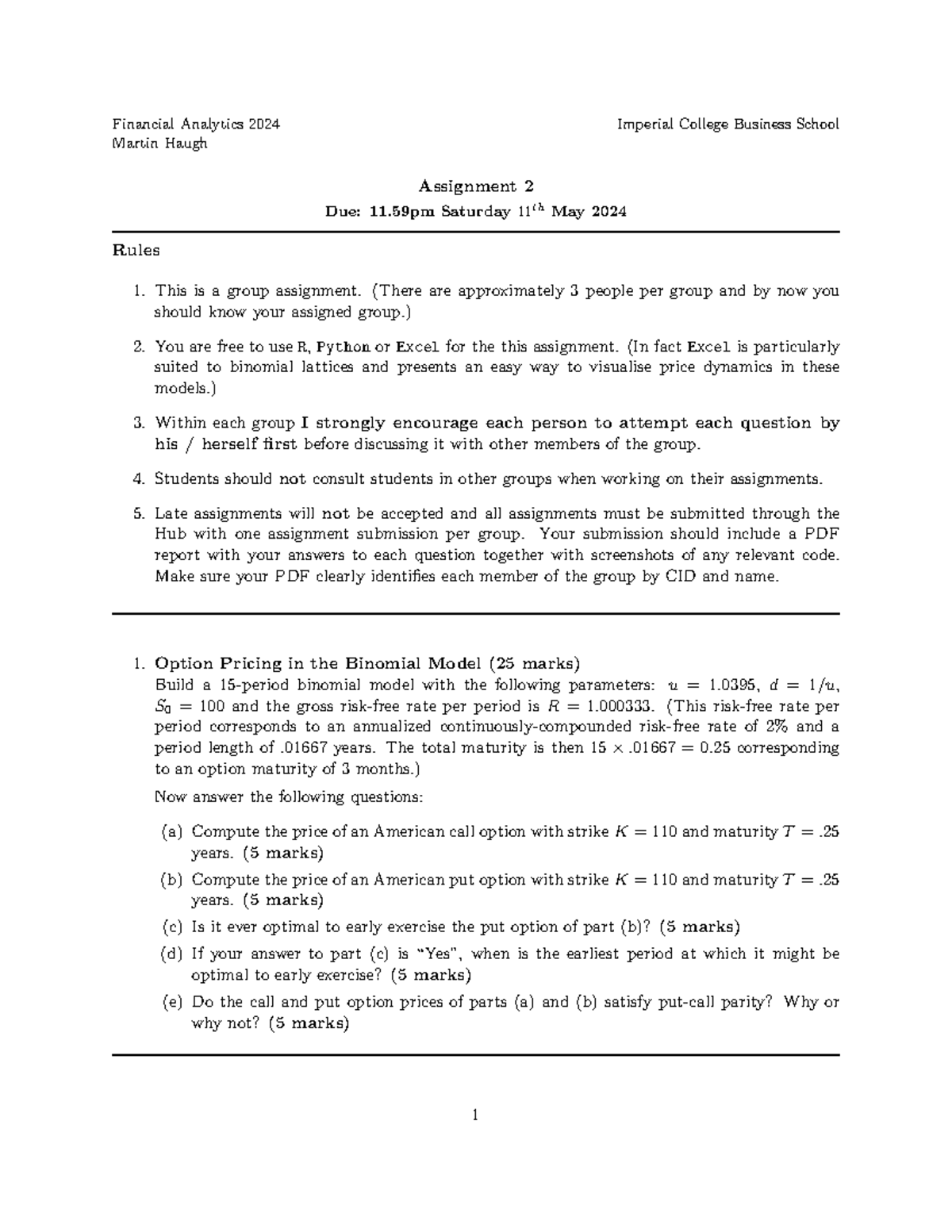 Assign 2 2024 - Financial Analytics 2024 Imperial College Business ...