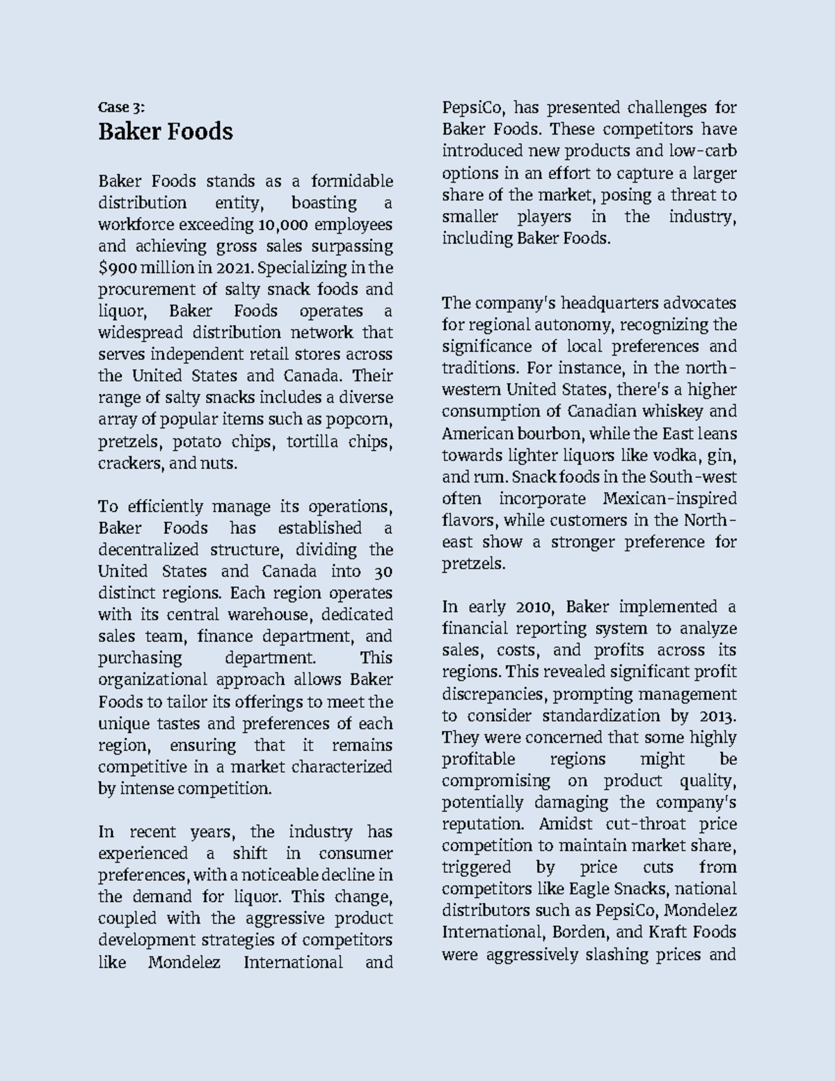 Case 3 - Baker Foods - Case Study - Case 3: Baker Foods Baker Foods ...