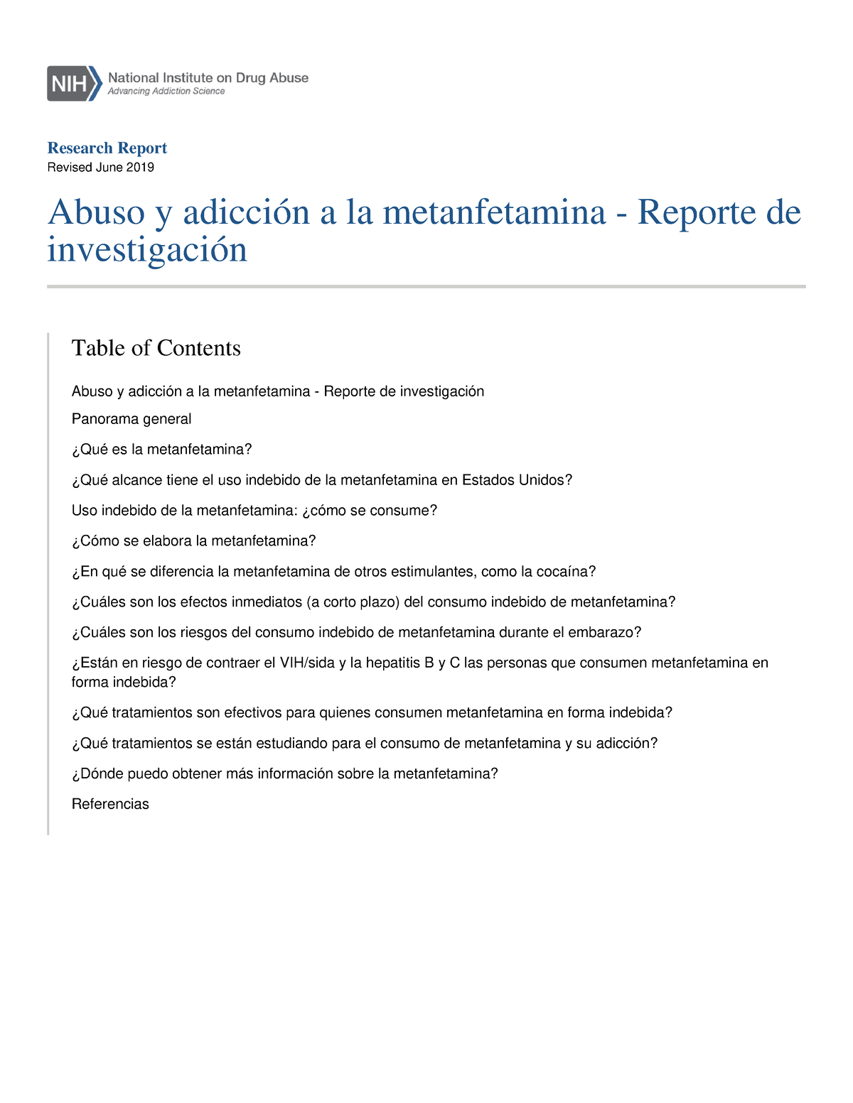 Abuso y adiccion la met anfetamina reporte de investigacion