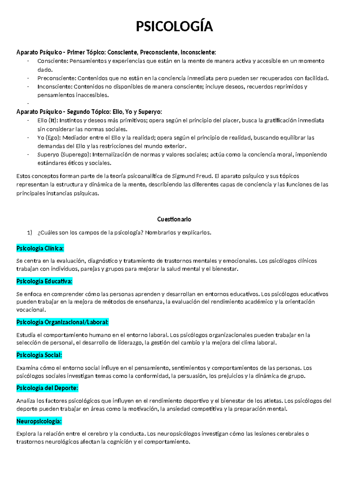 Psicologia - PSICOLOGÍA Aparato Psíquico - Primer Tópico: Consciente ...