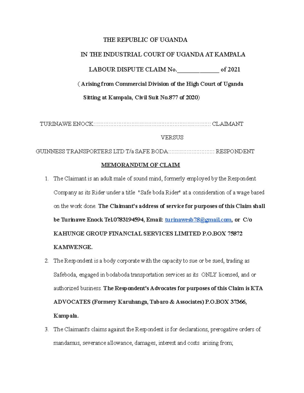 1. Memorandum of Claim - THE REPUBLIC OF UGANDA IN THE INDUSTRIAL COURT ...