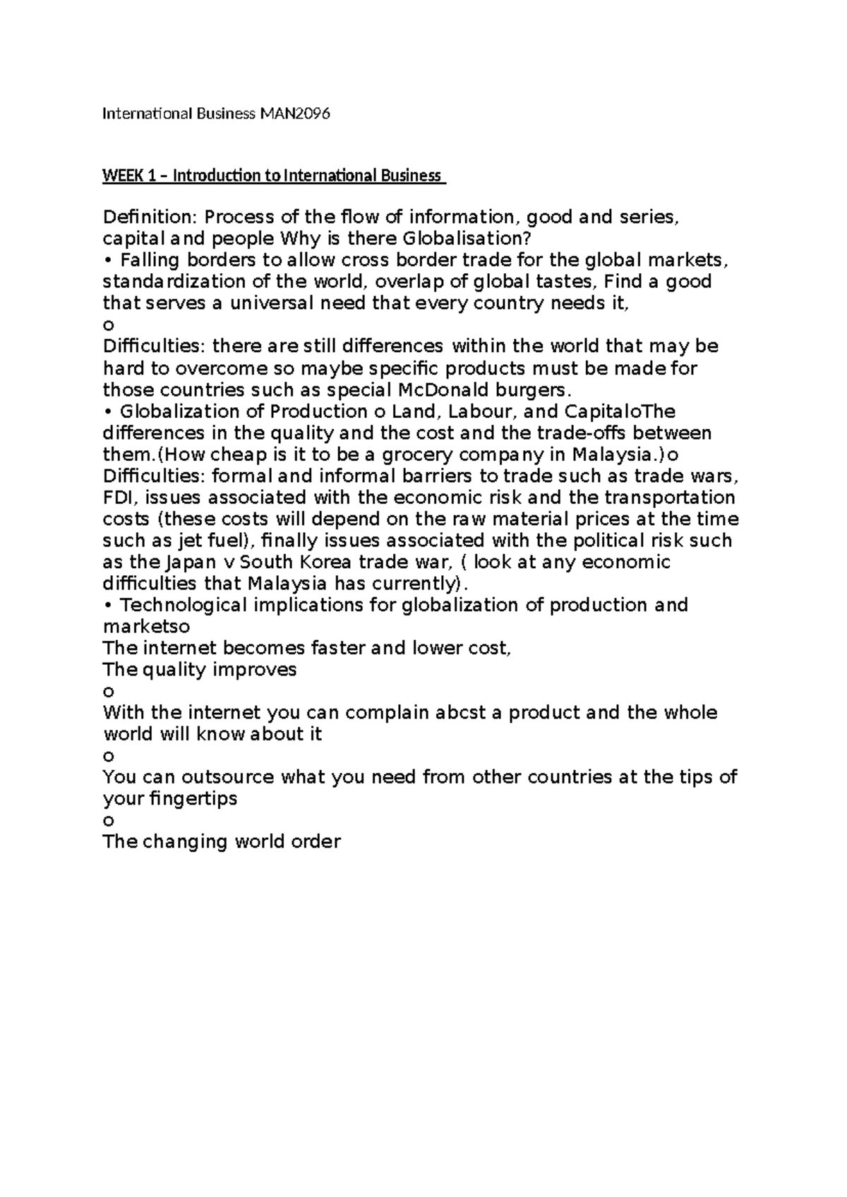 Week 1 - Introduction (globalization) - International Business MAN WEEK ...