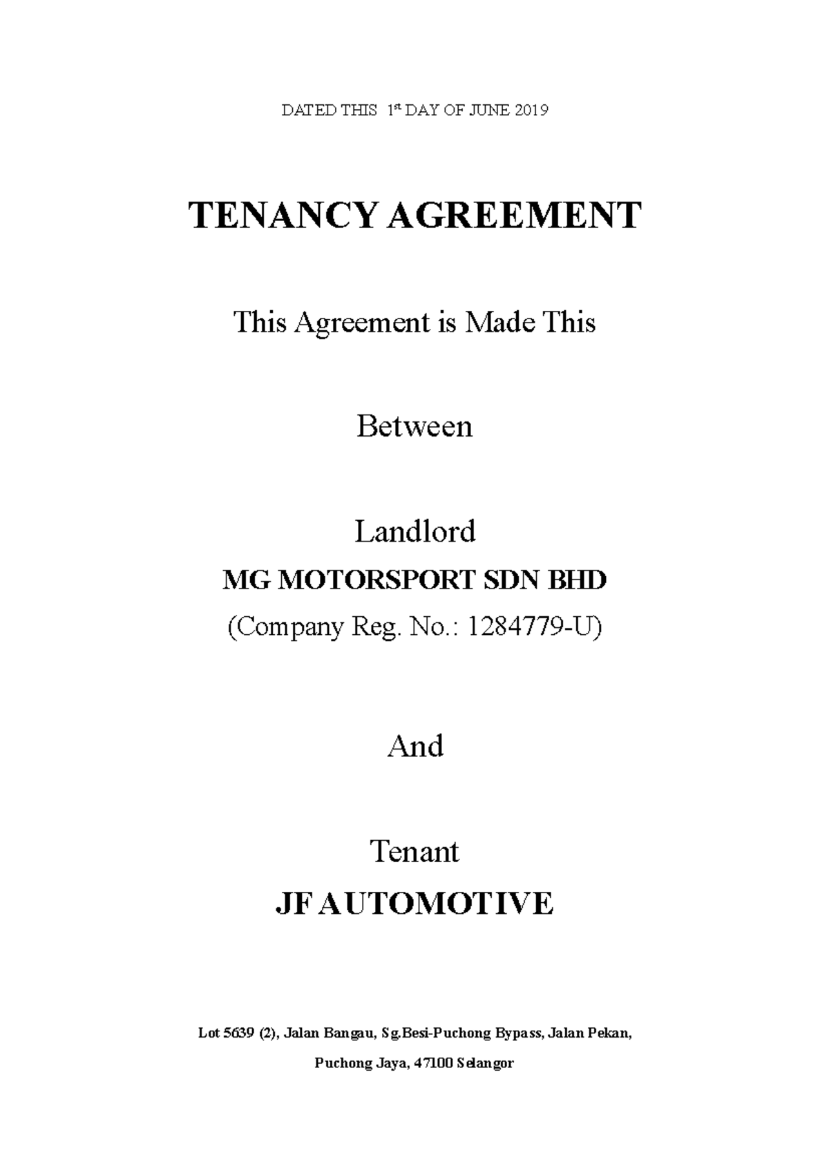 Contoh Tenancy Agreement Malaysia