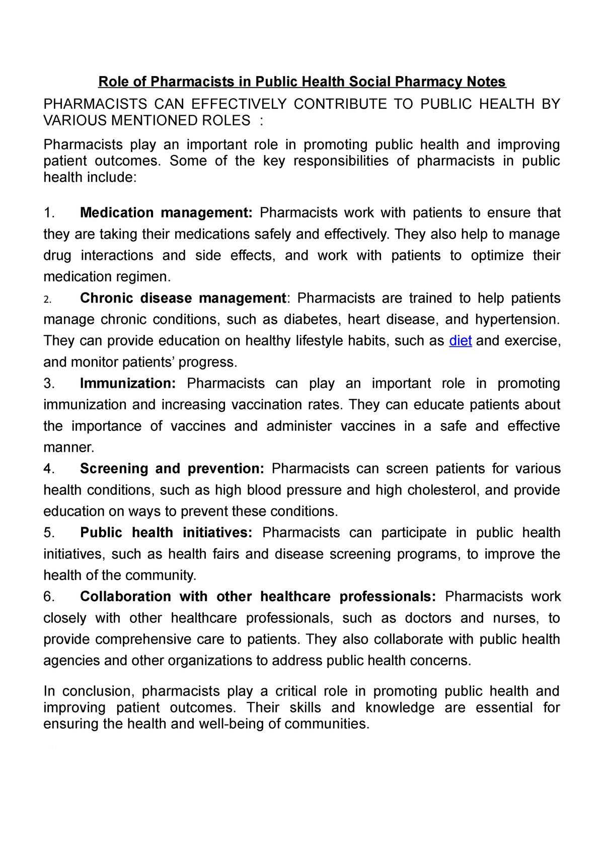 role of pharmacist in public health essay