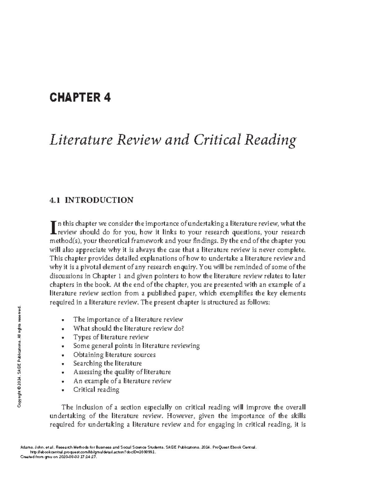 adams chapter 4 literature review and critical reading