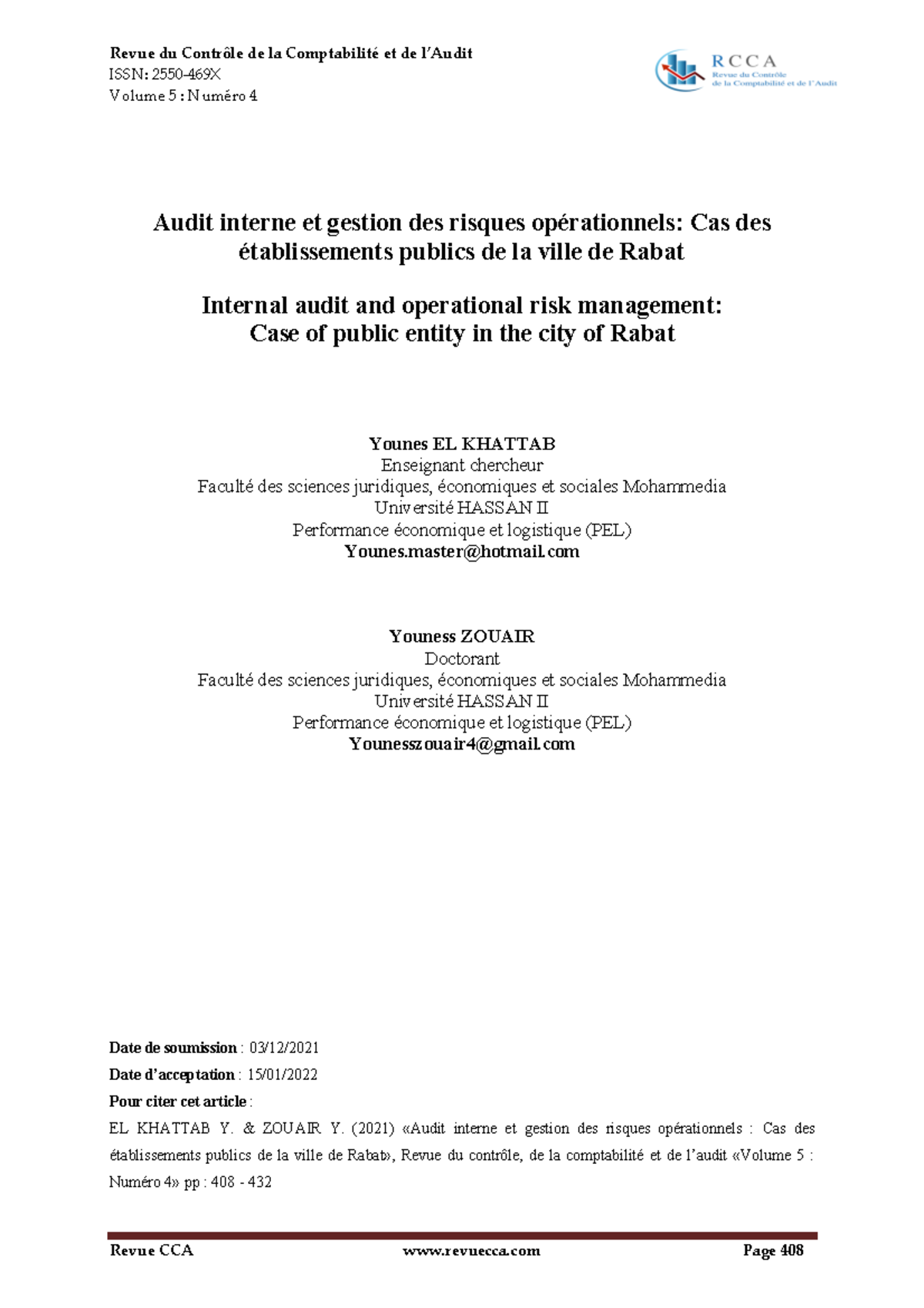 780 Article Text 2922 1 10 2022011 8 Issn 2550 469x Volume 5 Numéro 4 Audit Interne Et 