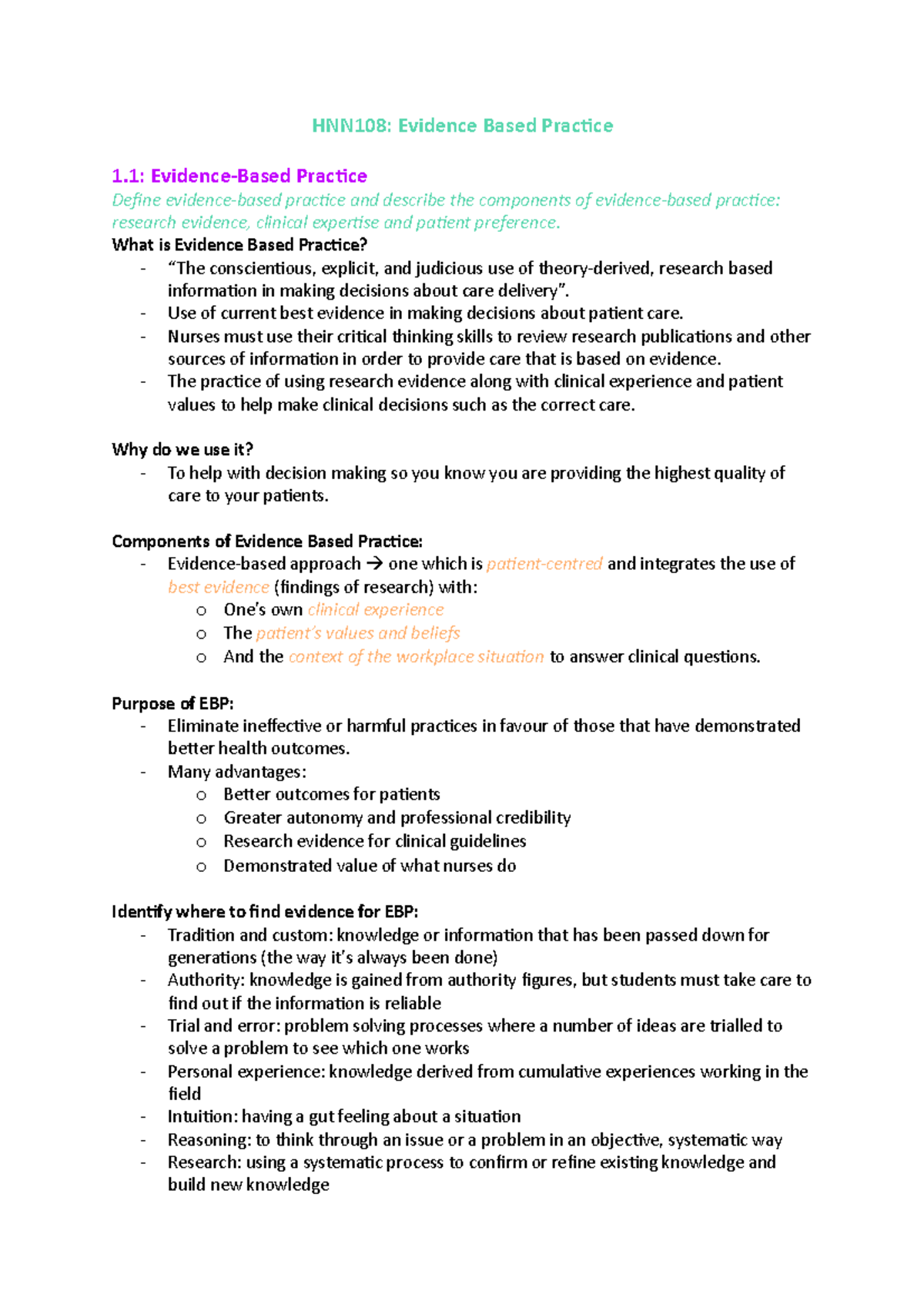HNN108 evidence based summary - HNN108: Evidence Based Practice 1 ...