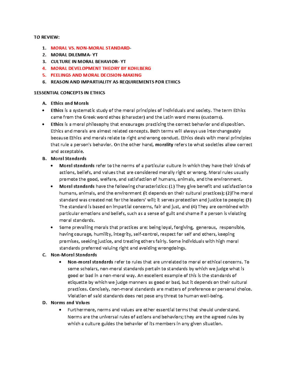 Ethics - To Review: 1. Moral Vs. Non-moral Standard- 2. Moral Dilemma 