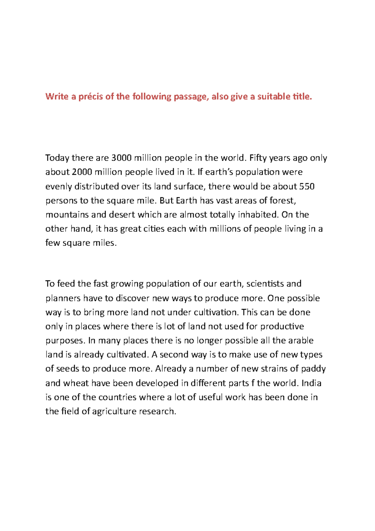 Precis Writing - Write a précis of the following passage, also give a