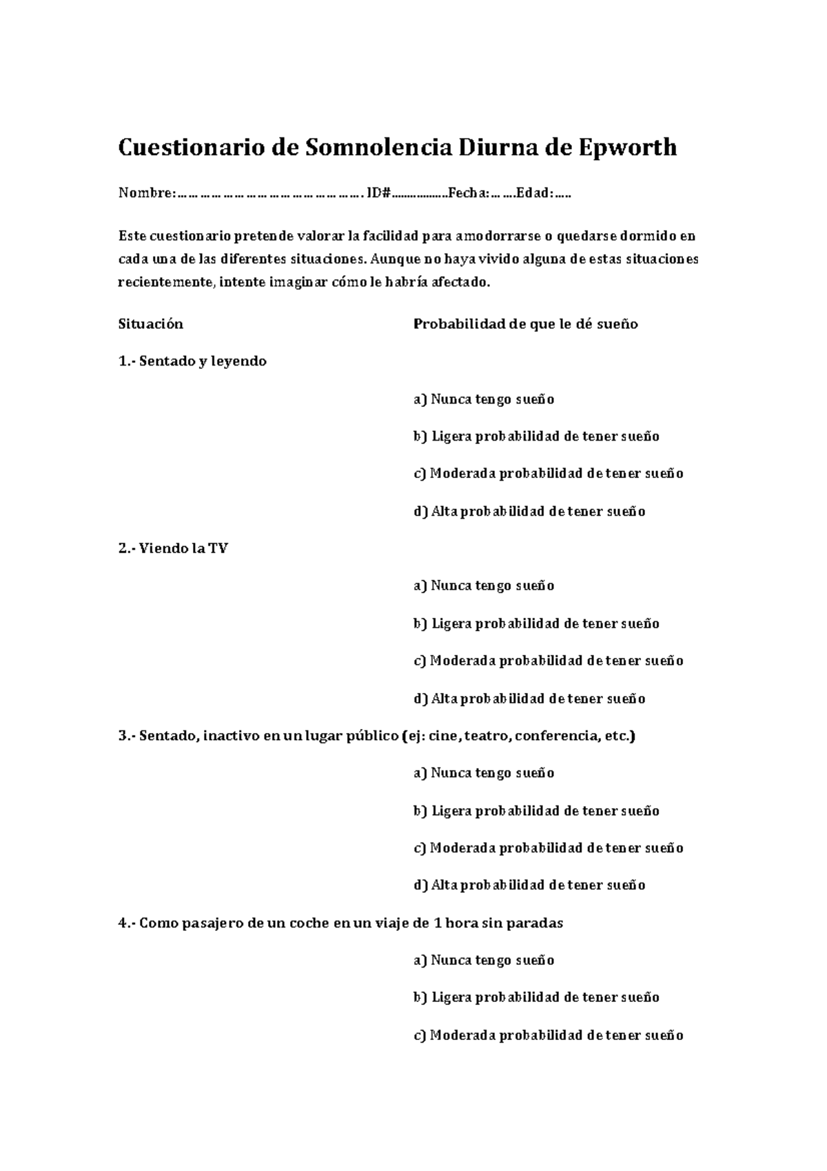 Epworth escala de somnolencia Cuestionario de Somnolencia Diurna de