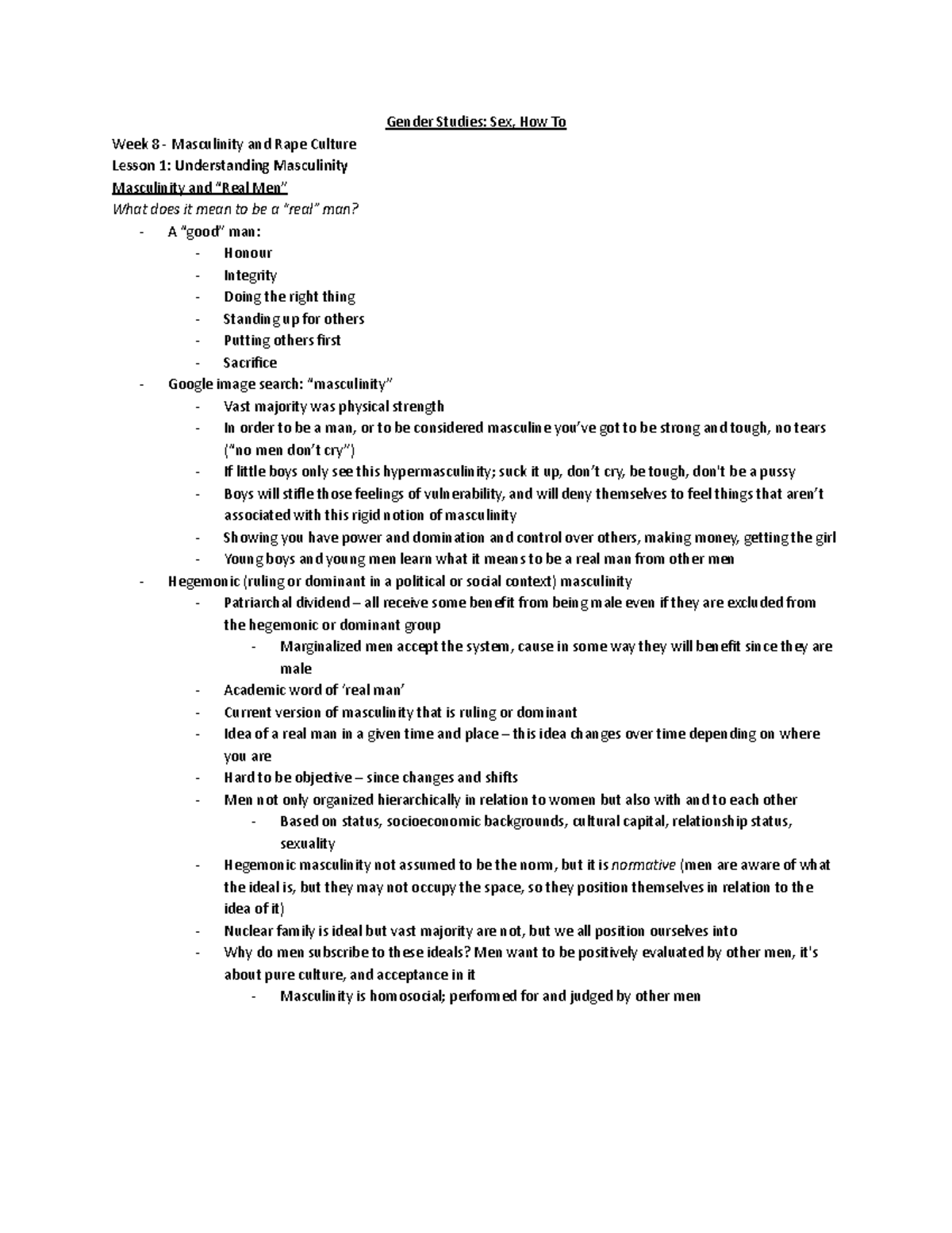 Week 8 Lecture Notes - Gender Studies: Sex, How To Week 8 - Masculinity ...