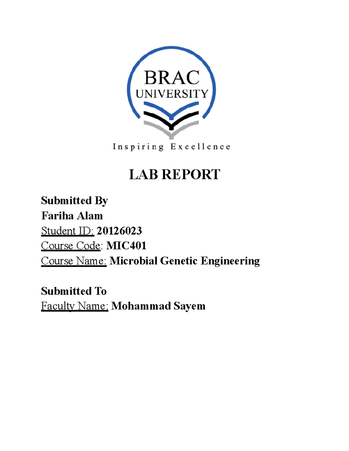 Mic401 Lab Report RFLP LAB REPORT Submitted By Fariha Alam Student