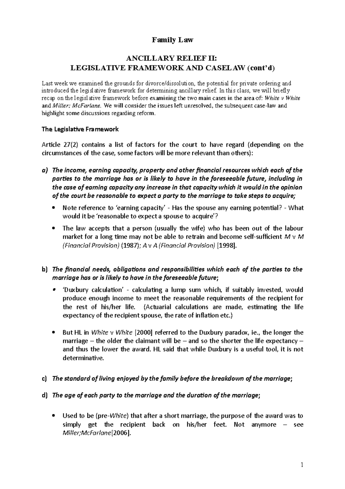 Week 9 Ancillary Relief II Family Law ANCILLARY RELIEF II