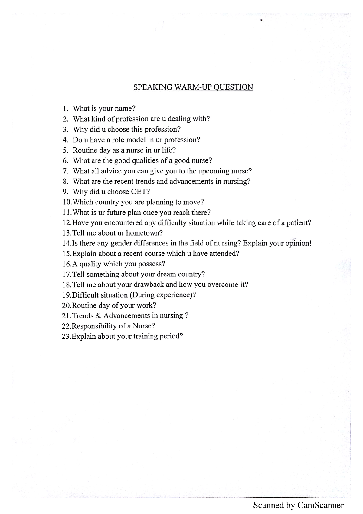 Speaking Tips And Warm Up Questions - Nursing - Scanned By CamScanner ...