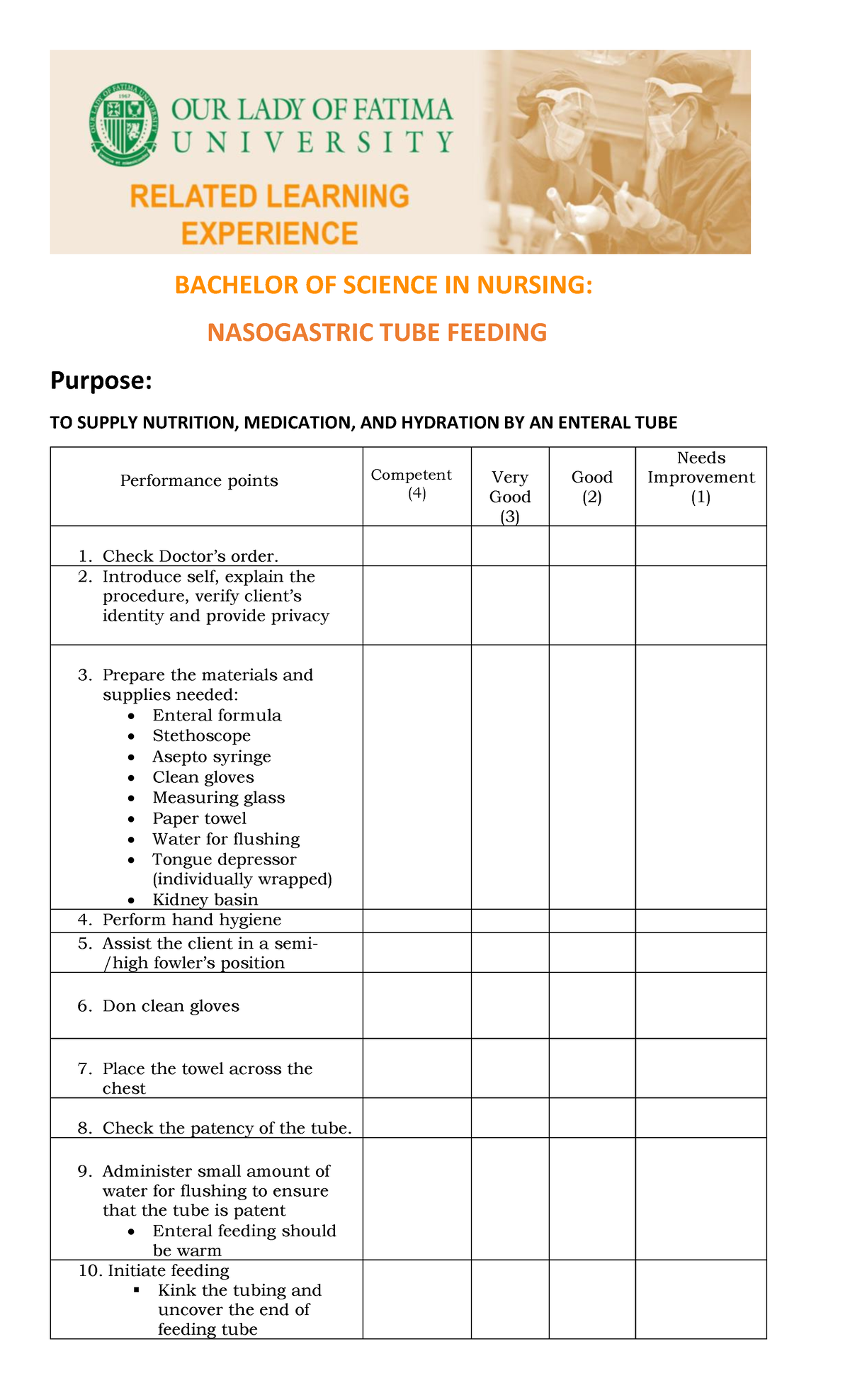 Performance Checklist NGT Feeding Adult BACHELOR OF SCIENCE IN