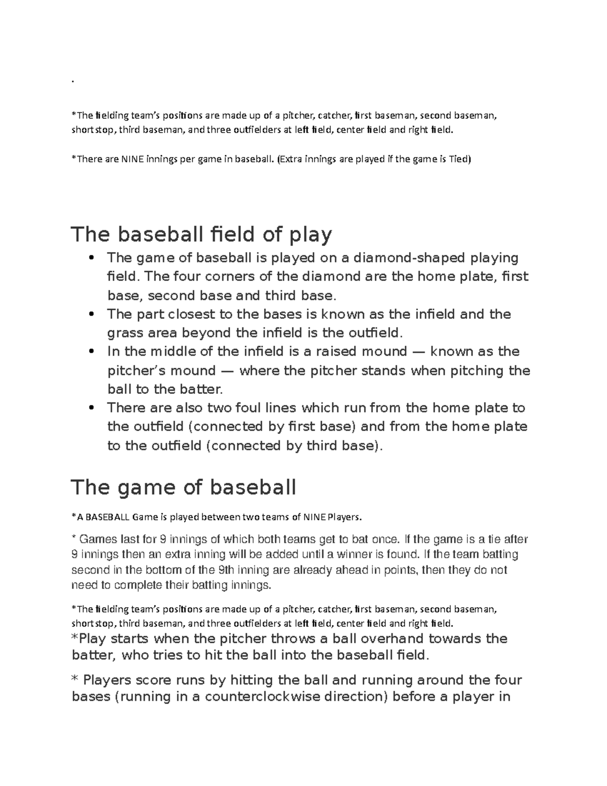 Baseball - Lecture notes 1 - . *The fielding team’s positions are made ...