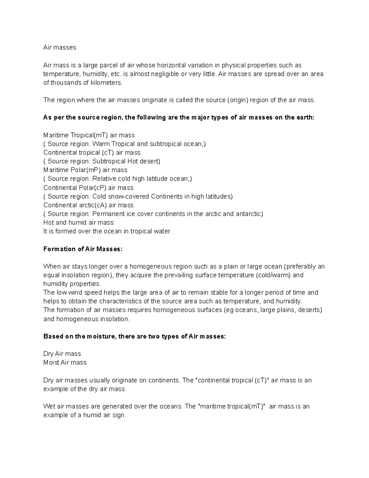 Air masses Summary included Air masses Air mass is a large parcel