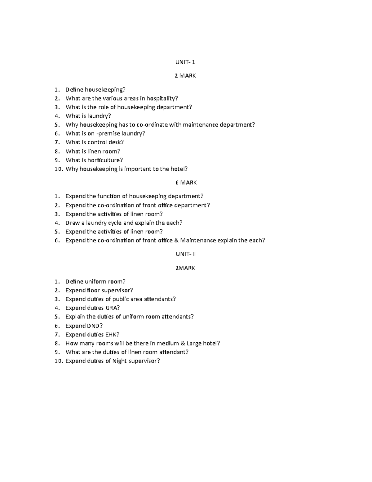 DHO 1ST SEM Its lectures note UNIT 1 2 MARK Define housekeeping