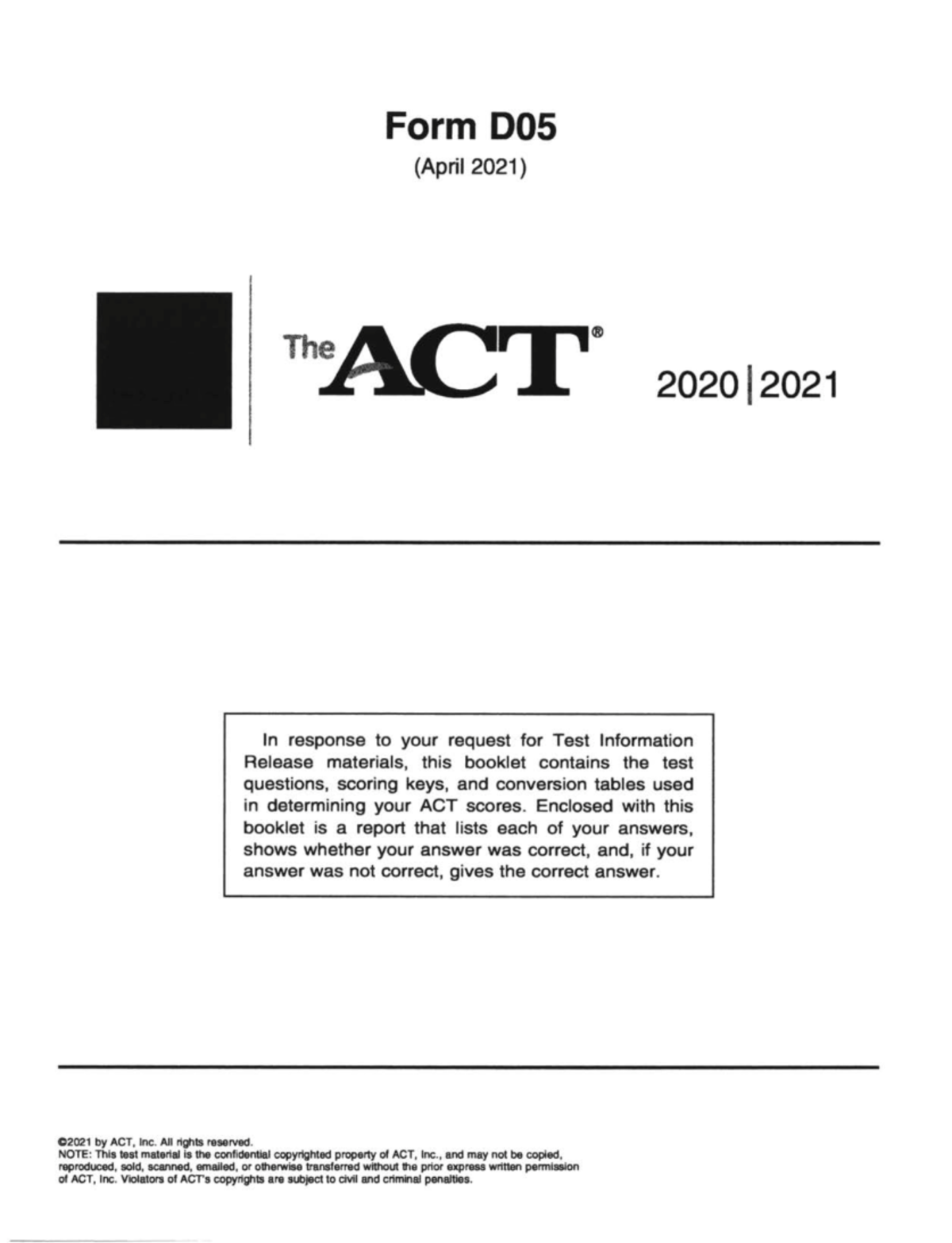 April 2021 D05 Act Test Practice Form D (April 2021) The Q A C T 2020