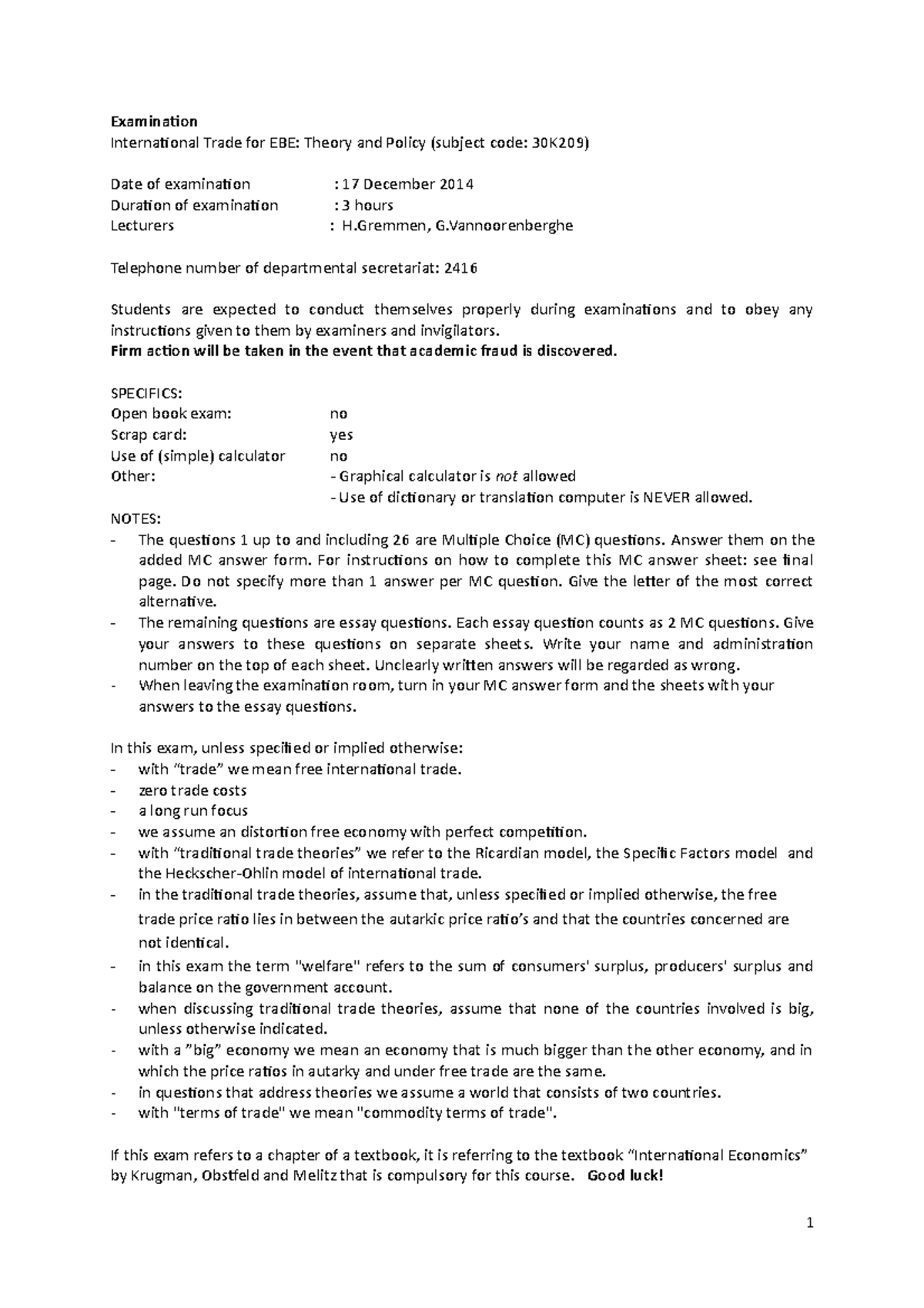 Exam 17 December 2014, questions and answers - international trade for ...