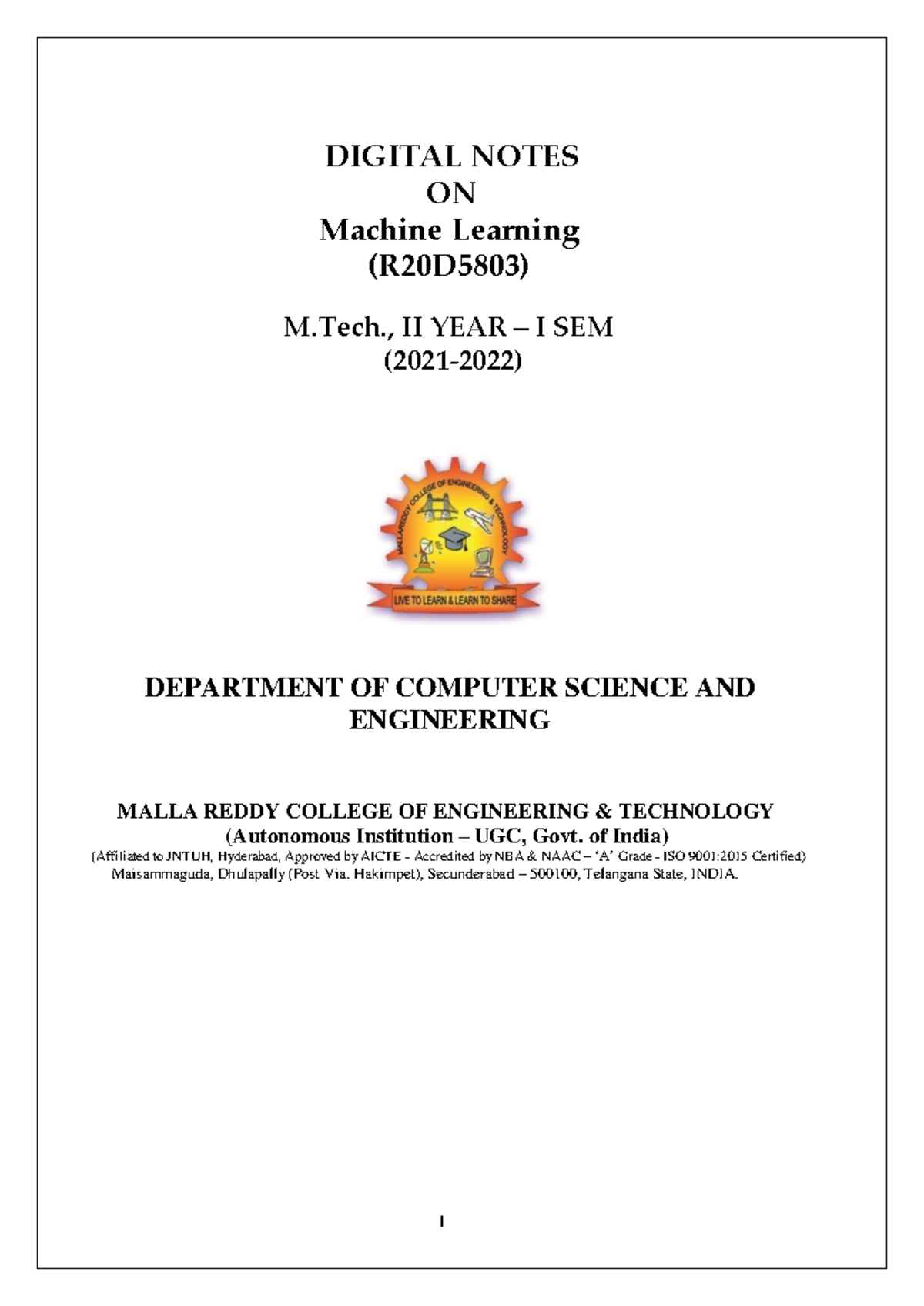 ML Final - It Contains Machine Learning Notes - DIGITAL NOTES ON ...