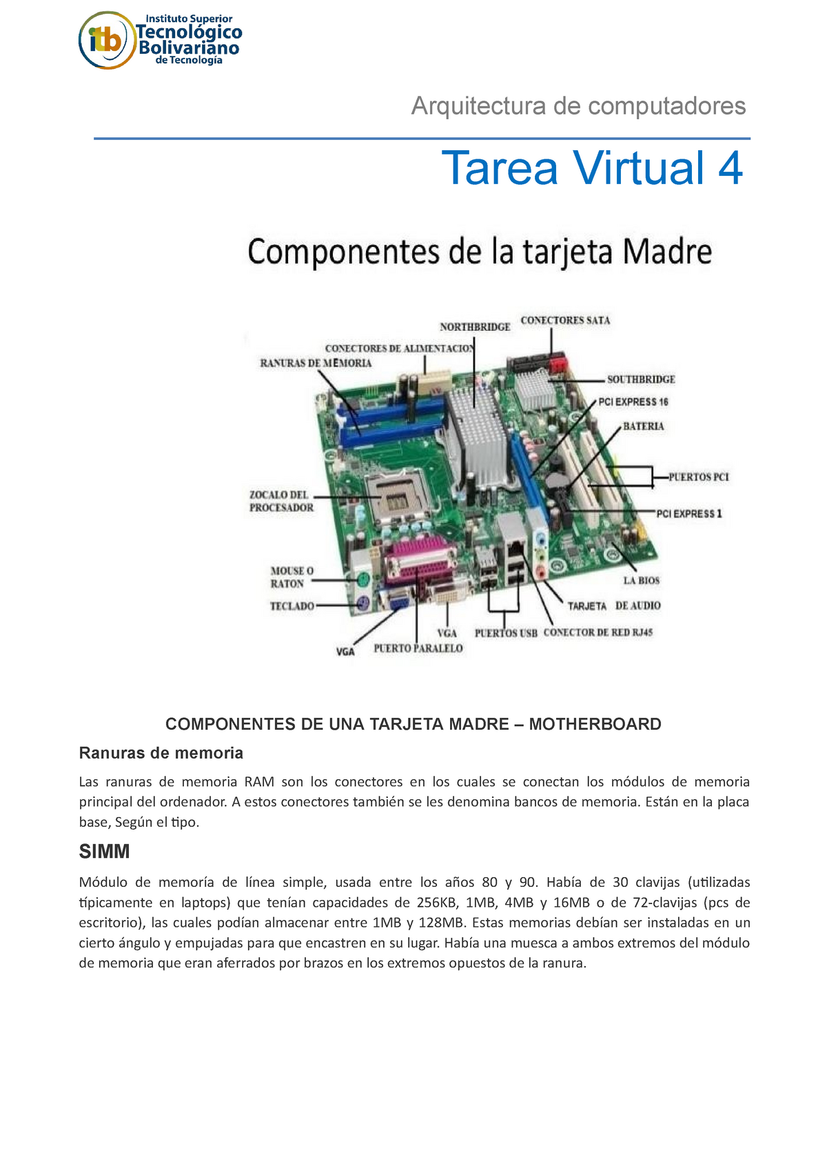 Tarea Virtual 4 - Arquitectura PC - Arquitectura de computadores Tarea  Virtual 4 COMPONENTES DE UNA - Studocu