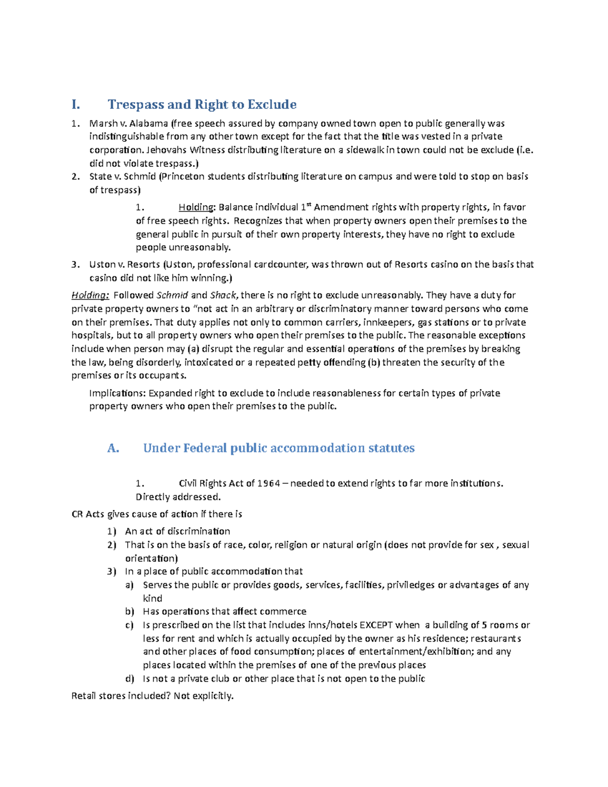 Property Law Outline 1 I. Trespass and Right to Exclude Marsh v