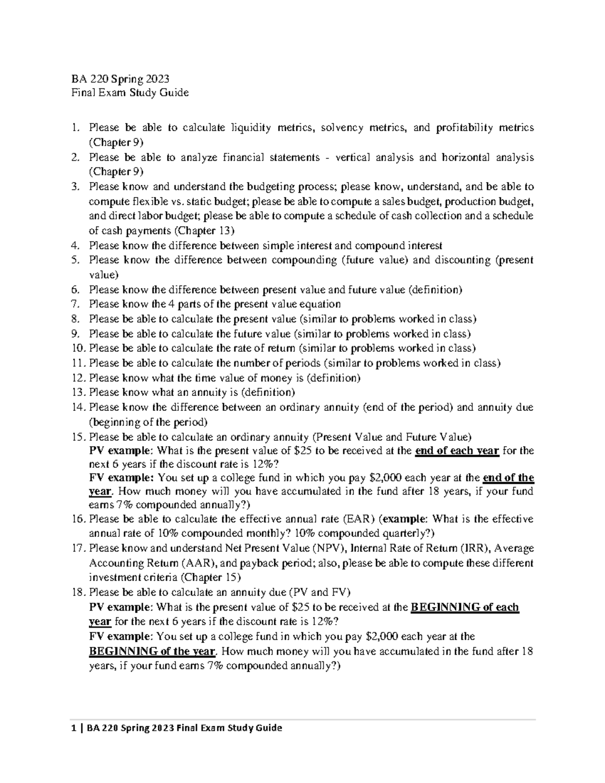 BA 220 Final Exam Study Guide - 1 | BA 220 Spring 2023 Final Exam Study ...