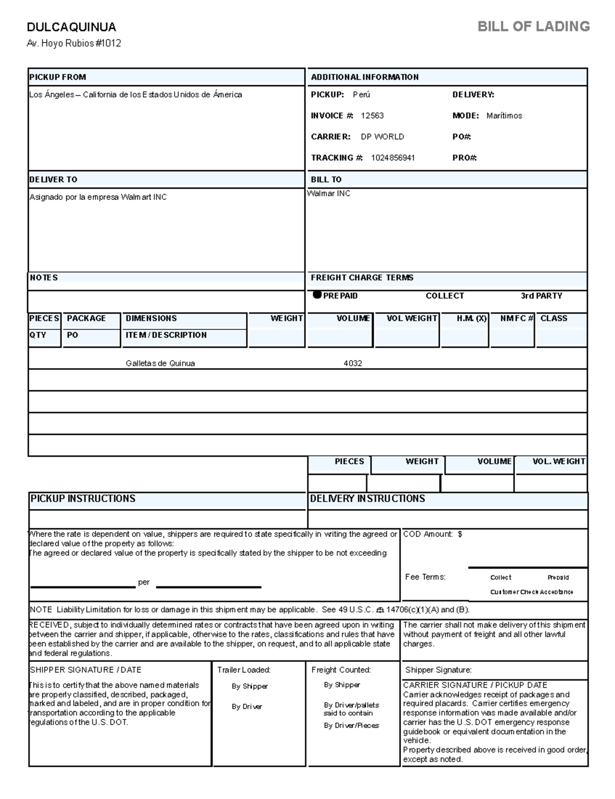 Bill Of Lading - BILL OF LADING Av. Hoyo Rubios DULCAQUINUA Asignado ...