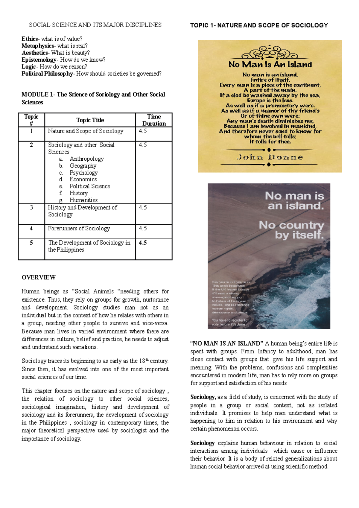 Topic 1 - Lecture notes 1 - SOCIAL SCIENCE AND ITS MAJOR DISCIPLINES ...