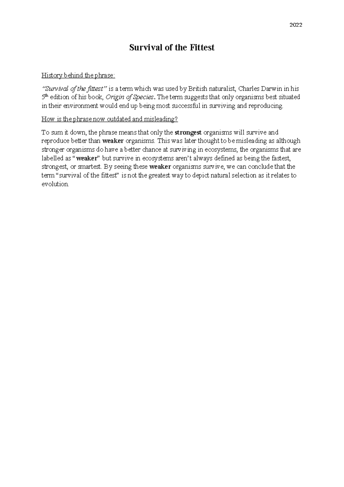 Survival of the Fittest - 2022 Survival of the Fittest History behind